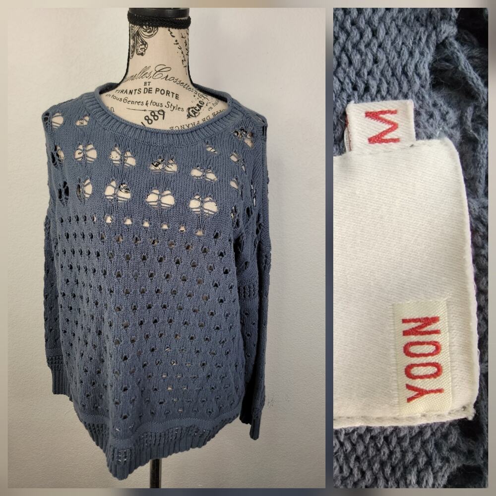 YOON Top Womens Sz M Fishnet Open Crochet Knit Boxy Long Sleeves Cotton Coastal